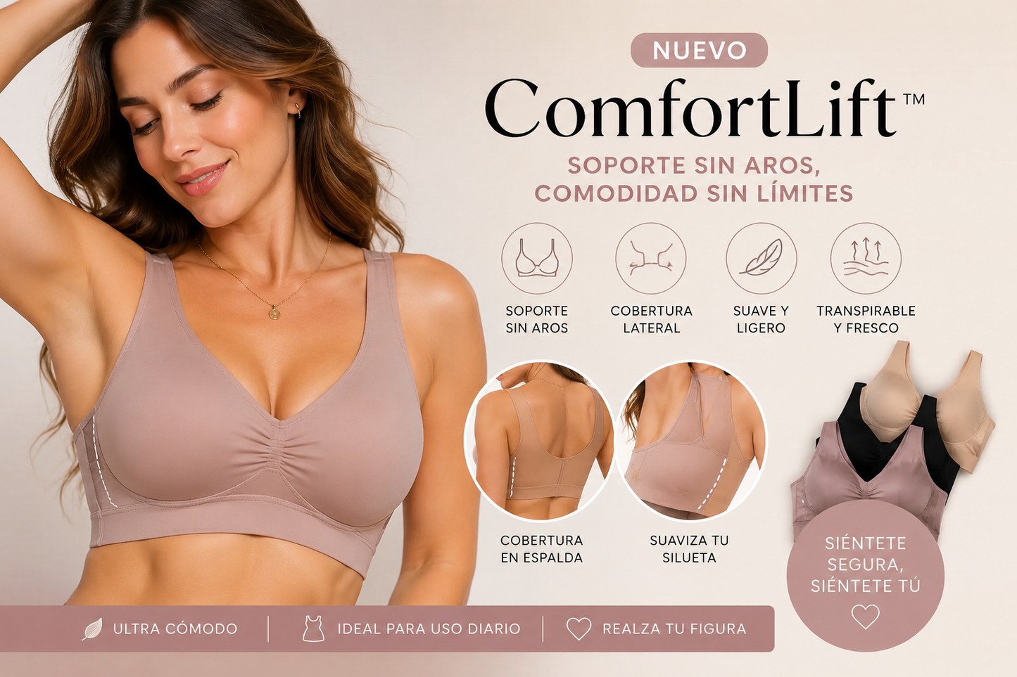 ✨ ComfortLift™ | Brasier Premium Total sin Aros y Efecto Silueta Estilizada (PACK DE 3 UNIDADES)