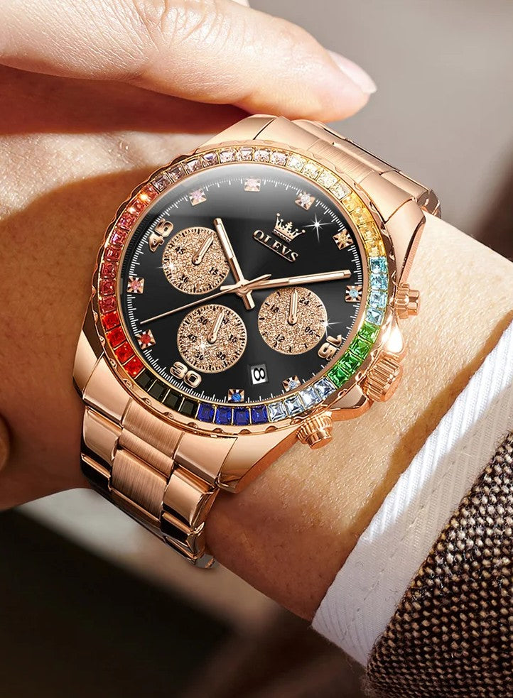 RELOJ DE LUJO CON PIEDRAS DIAMANTADAS DE ARCOIRIS-ACUÁTICO